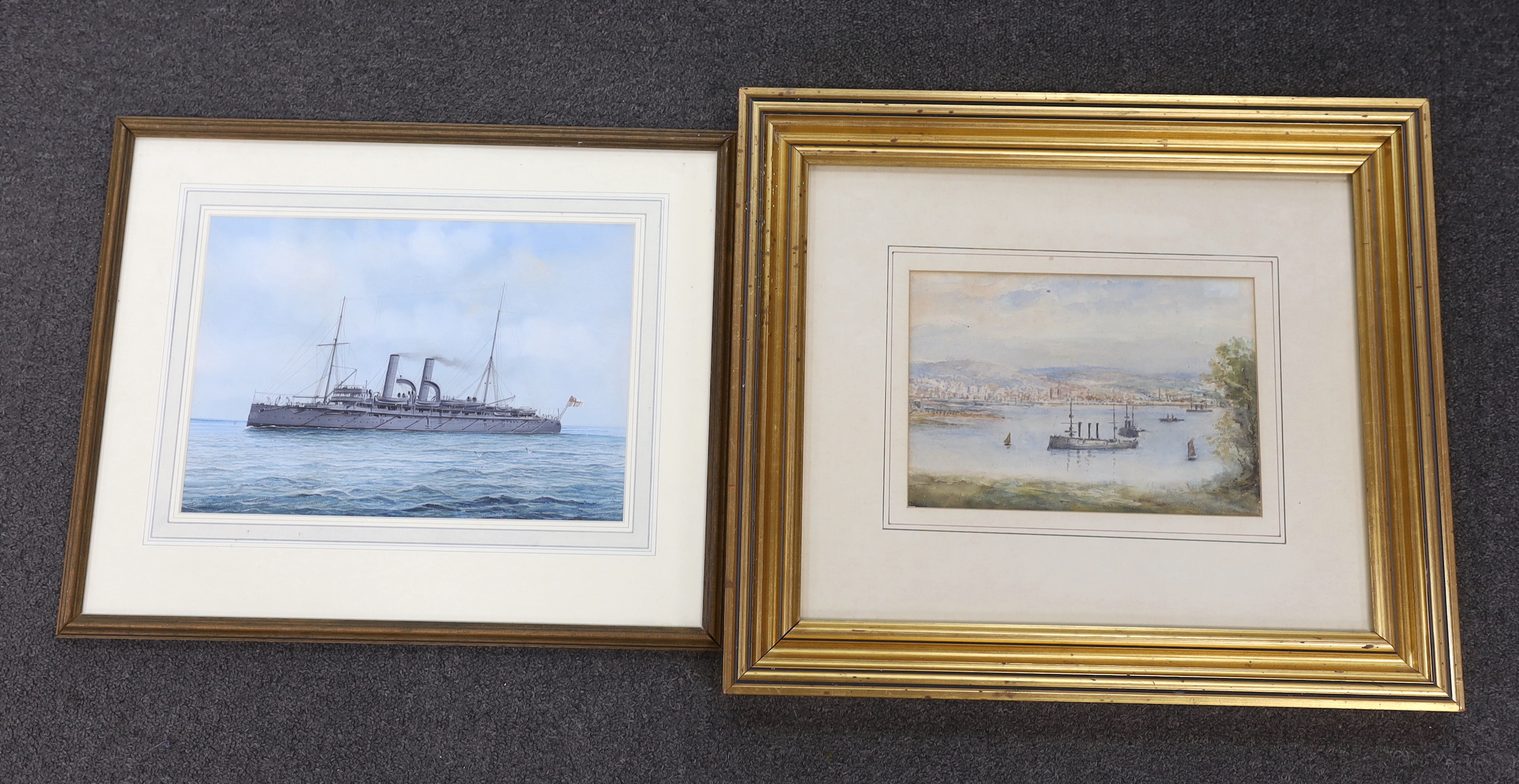 20th century school, gouache, British maritime ship at sea, unsigned, together with a similar watercolour, largest 22 x 30cm